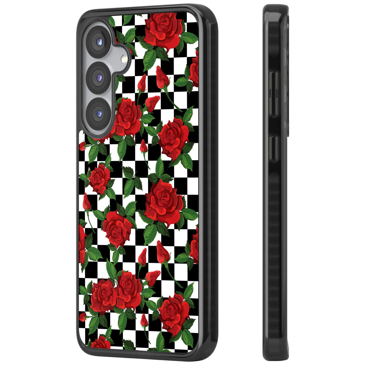 Checkered Roses Samsung S25 / Samsung S25 Plus / Samsung S26 / Samsung S26 Plus Impact Black Phone Case side