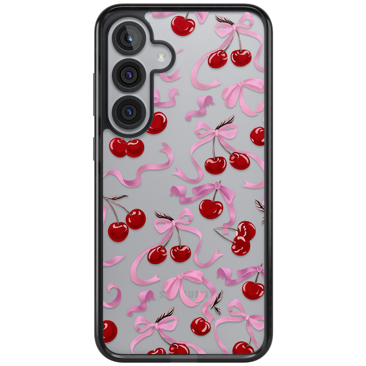 Pink Bow & Cherries Samsung S25 Plus / Samsung S26 / Samsung S26 Plus Impact Black Phone Case front