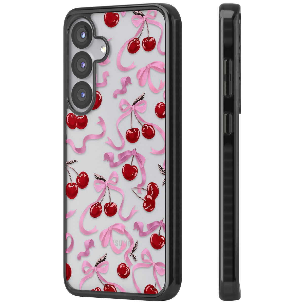 Pink Bow & Cherries Samsung S25 / Samsung S25 Plus / Samsung S26 / Samsung S26 Plus Impact Black Phone Case side