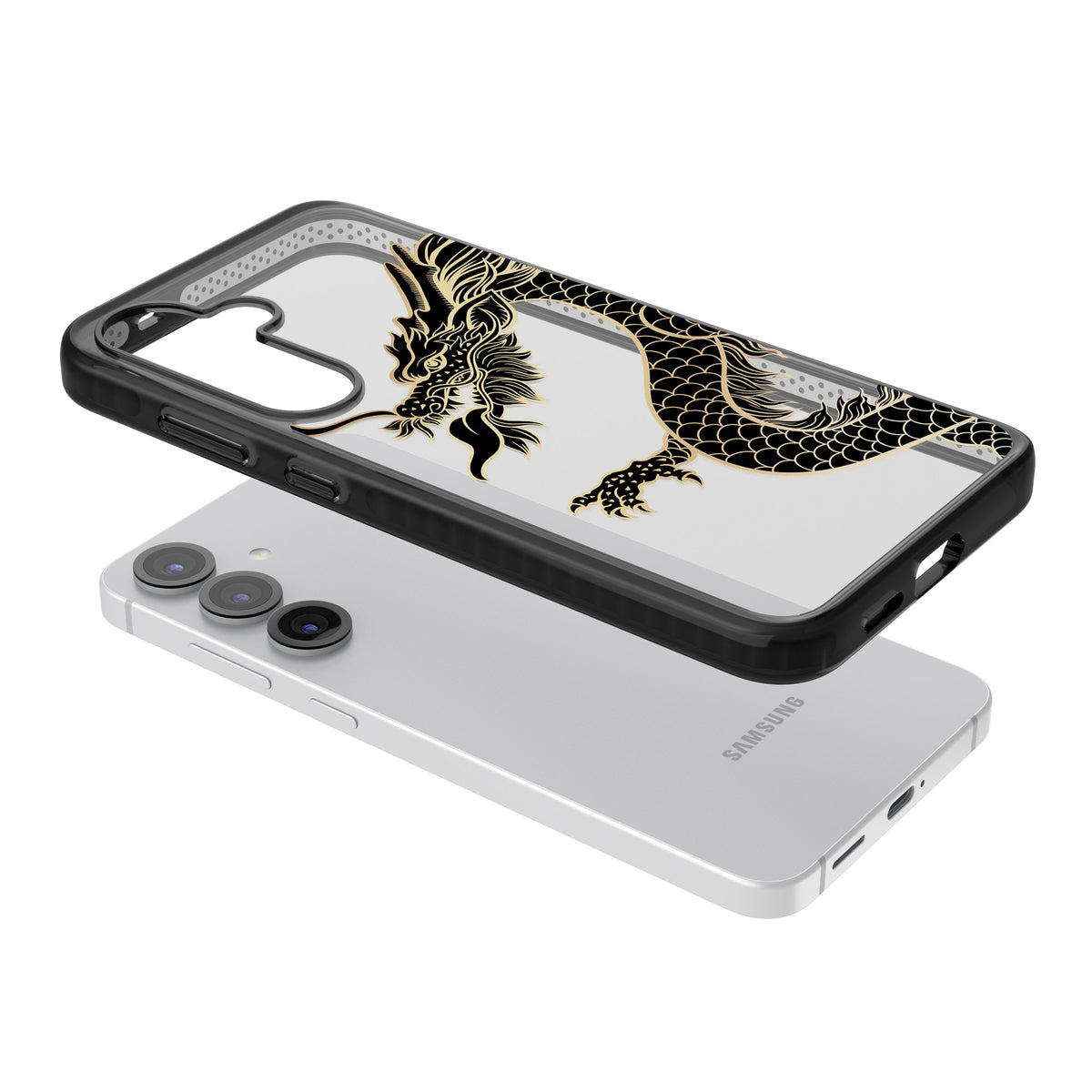 Large Black Dragon Samsung S25 / Samsung S25 Plus / Samsung S26 / Samsung S26 Plus Impact Black Phone Case angled
