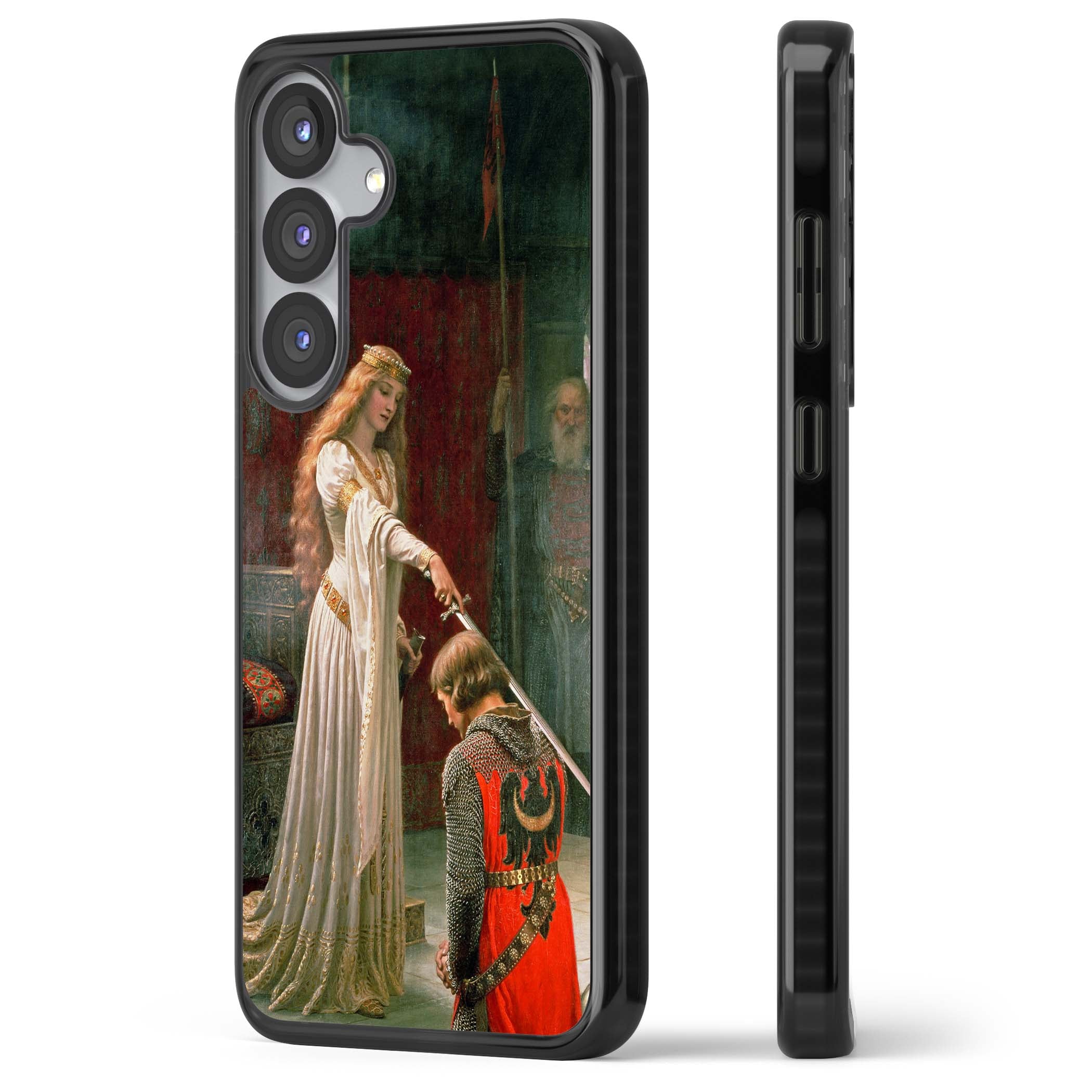 The Accolade renaissance art iPhone case featuring Edmund Blair Leighton's painting of a queen knighting a kneeling knight | Black Impact case for Samsung Galaxy S25, Samsung Galaxy S25 Plus