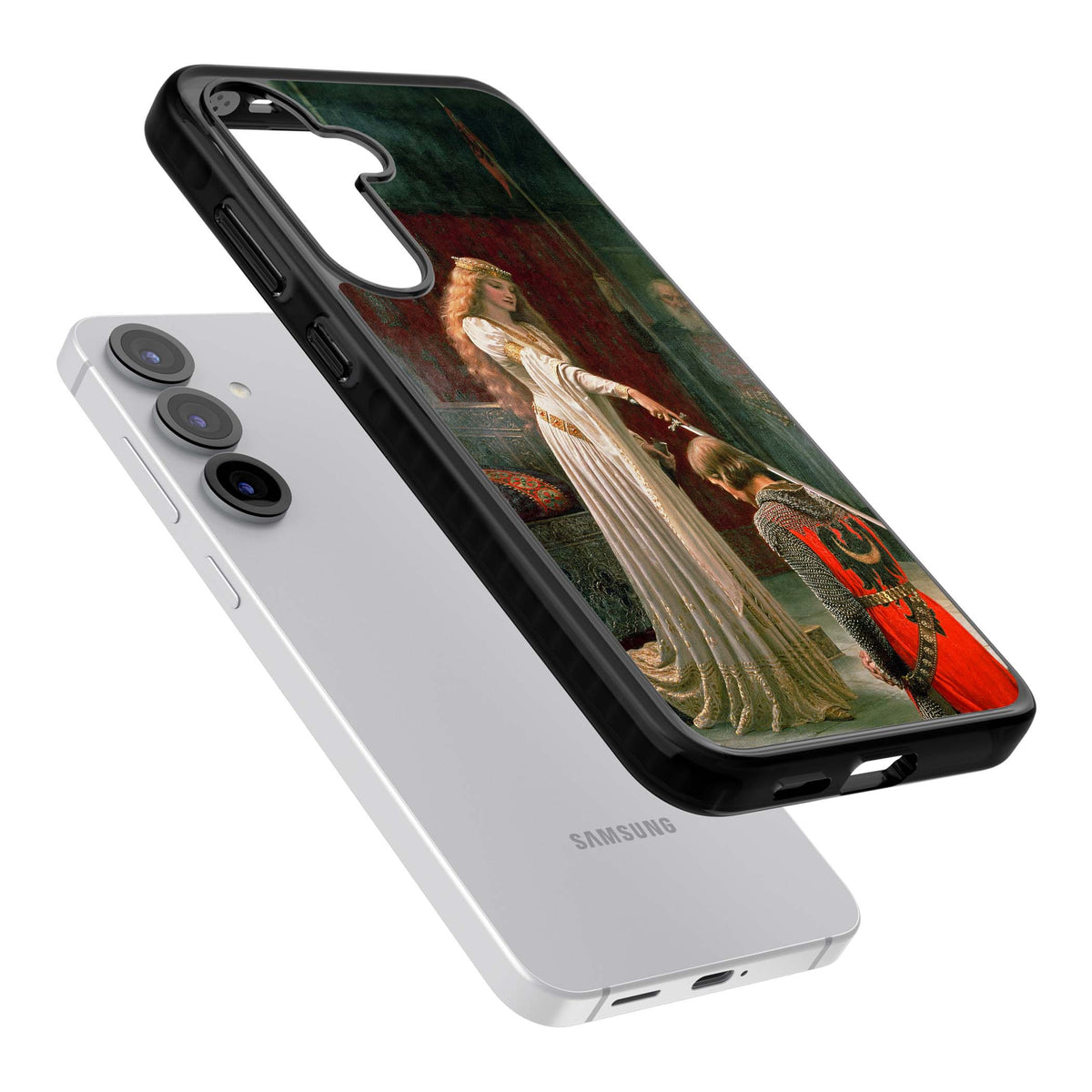 The Accolade renaissance art iPhone case featuring Edmund Blair Leighton's painting of a queen knighting a kneeling knight | Black Impact case for Samsung Galaxy S25, Samsung Galaxy S25 Plus