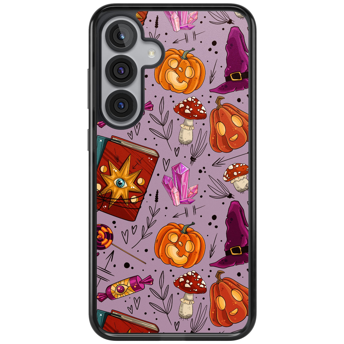 Witchy Cartoon Halloween Pattern Samsung S25 Plus / Samsung S26 / Samsung S26 Plus Impact Black Phone Case front