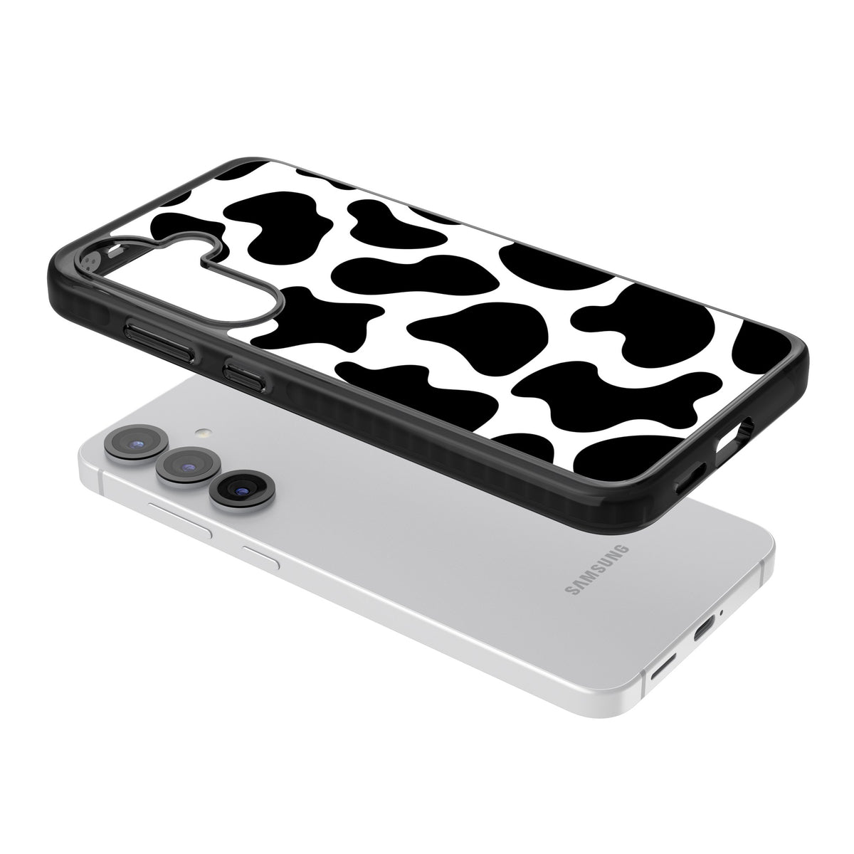 Cow Print Samsung S25 / Samsung S25 Plus / Samsung S26 / Samsung S26 Plus Impact Black Phone Case angled
