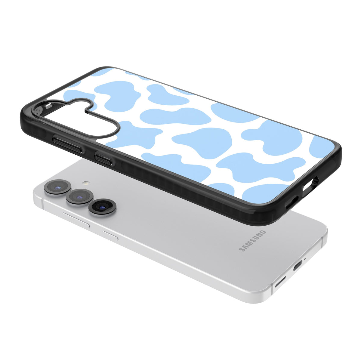 Blue And White Cow Print Samsung S25 / Samsung S25 Plus / Samsung S26 / Samsung S26 Plus Impact Black Phone Case angled