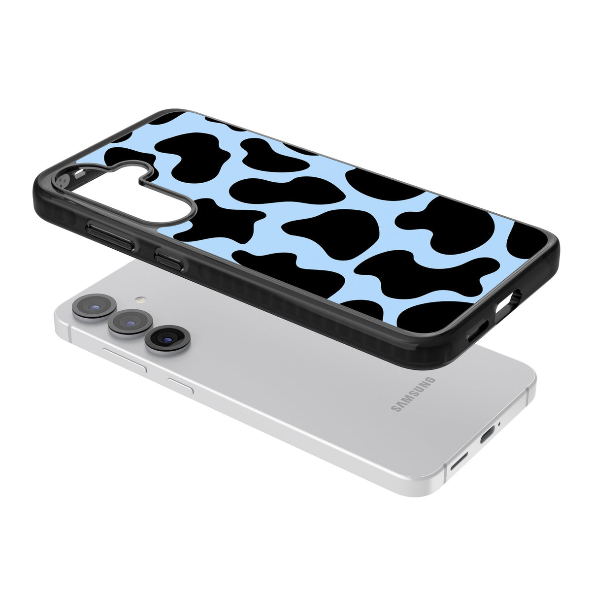 Blue And Black Cow Print Samsung S25 / Samsung S25 Plus / Samsung S26 / Samsung S26 Plus Impact Black Phone Case angled