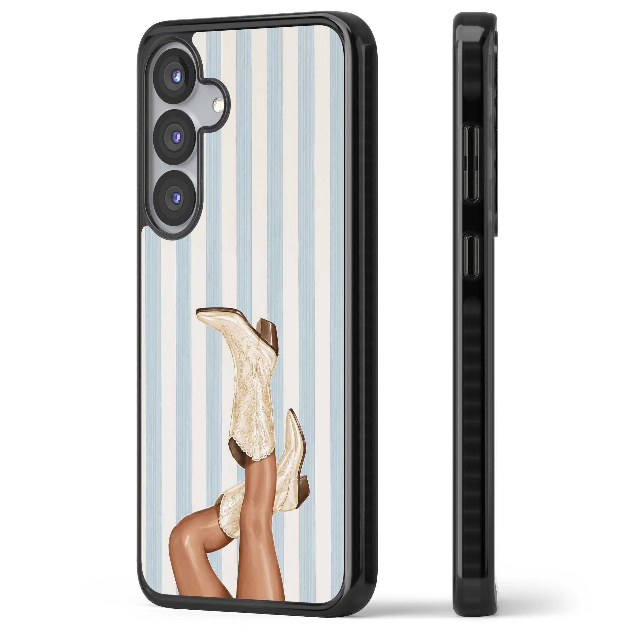 Cowgirl Boots coastal cowgirl iPhone case featuring embroidered western boots, tanned legs and a blue stripe backdrop | Black Impact case for Samsung Galaxy S25, Samsung Galaxy S25 Plus