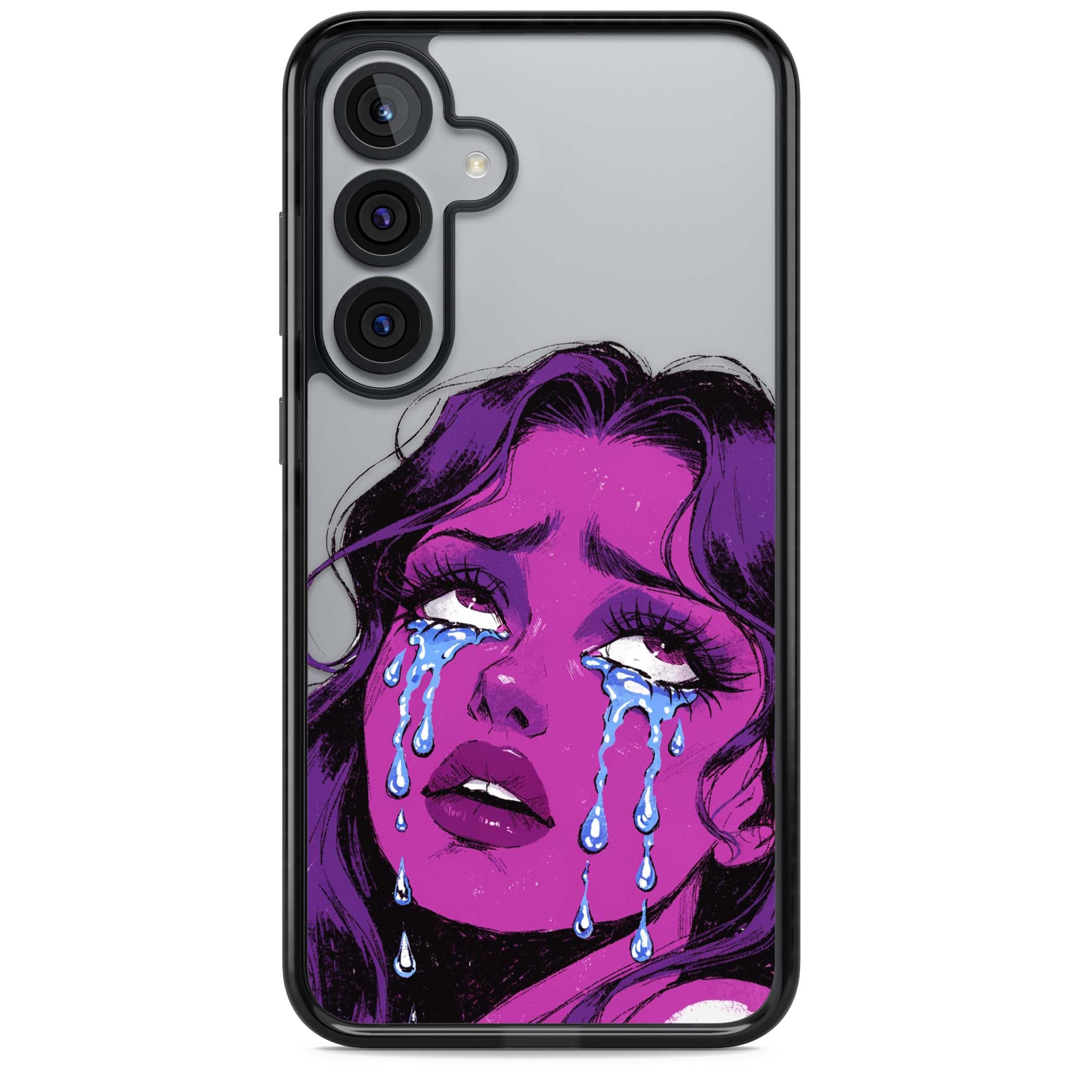 Drama Queen pop art iPhone case featuring a purple crying comic girl with blue tears | Black Impact case for Samsung Galaxy S25, Samsung Galaxy S25 Plus