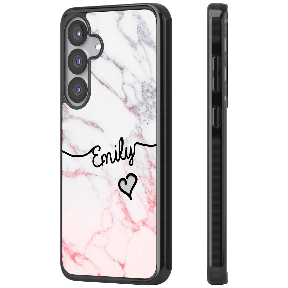 Personalised Pink Fade Marble Heart Samsung S25 / Samsung S25 Plus / Samsung S26 / Samsung S26 Plus Impact Black Phone Case side