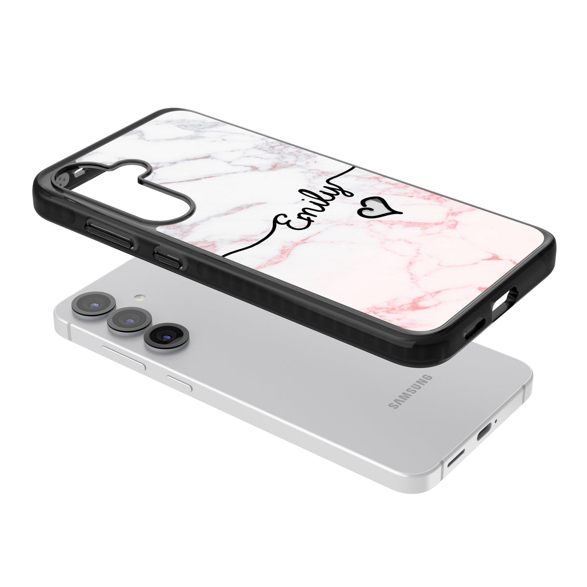 Personalised Pink Fade Marble Heart Samsung S25 / Samsung S25 Plus / Samsung S26 / Samsung S26 Plus Impact Black Phone Case angled