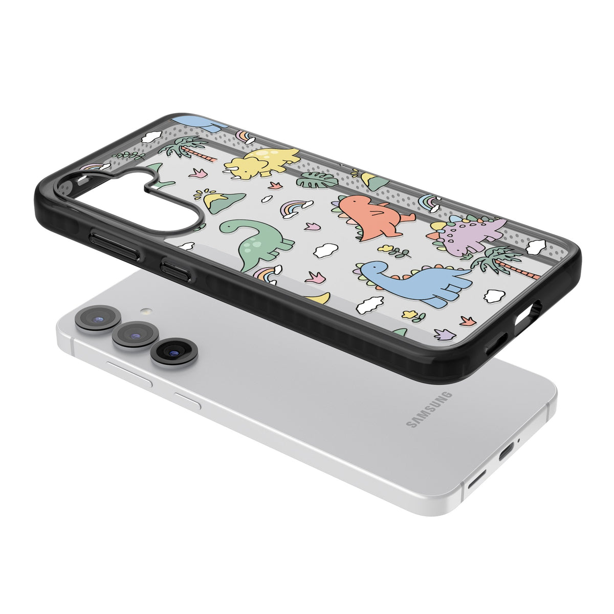 Cute Dino Pattern Samsung S25 / Samsung S25 Plus / Samsung S26 / Samsung S26 Plus Impact Black Phone Case angled