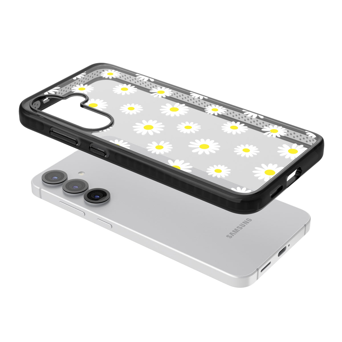 Personalised White Daisy Pattern Samsung S25 / Samsung S25 Plus / Samsung S26 / Samsung S26 Plus Impact Black Phone Case angled