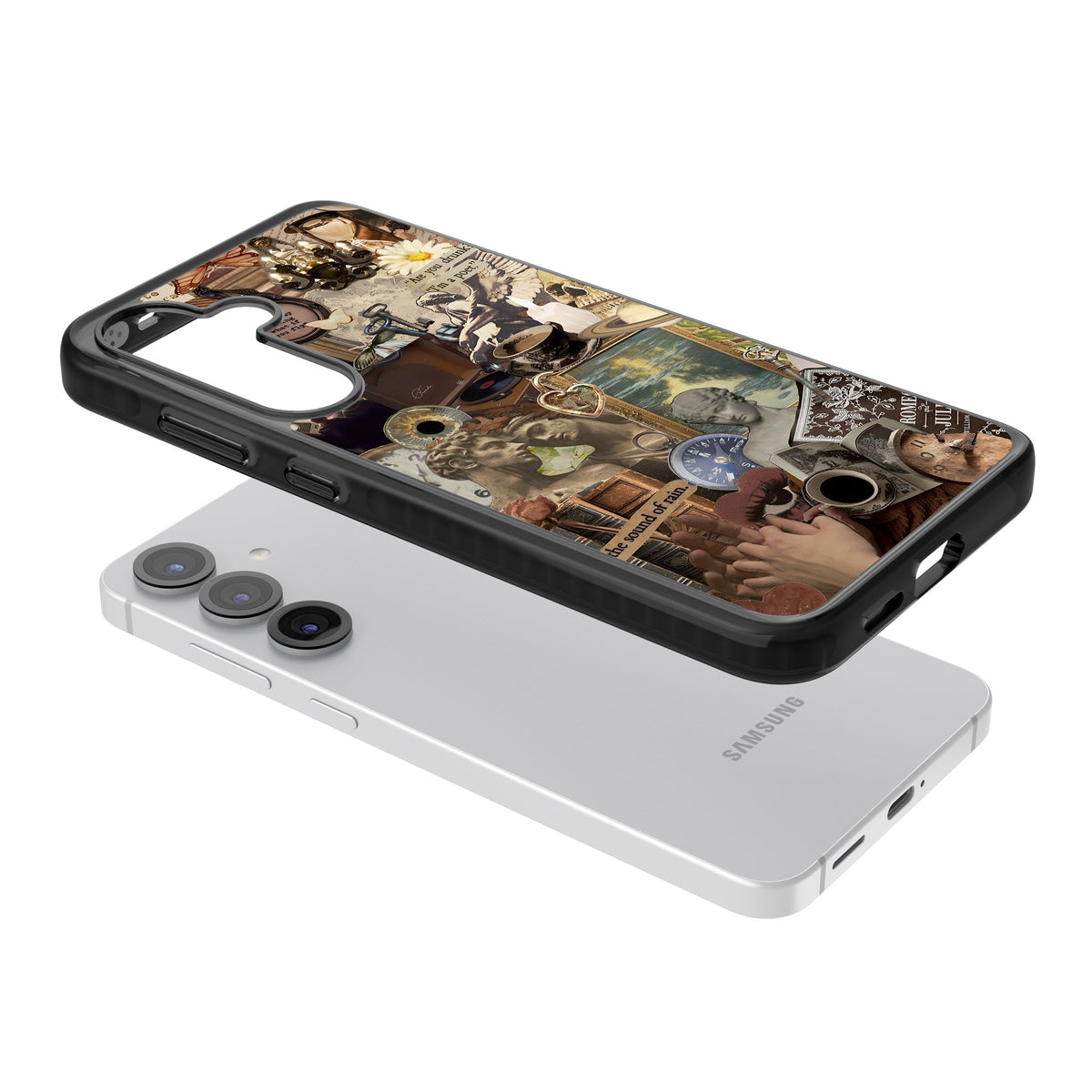 Vintage Academia Collage Samsung S25 / Samsung S25 Plus / Samsung S26 / Samsung S26 Plus Impact Black Phone Case angled