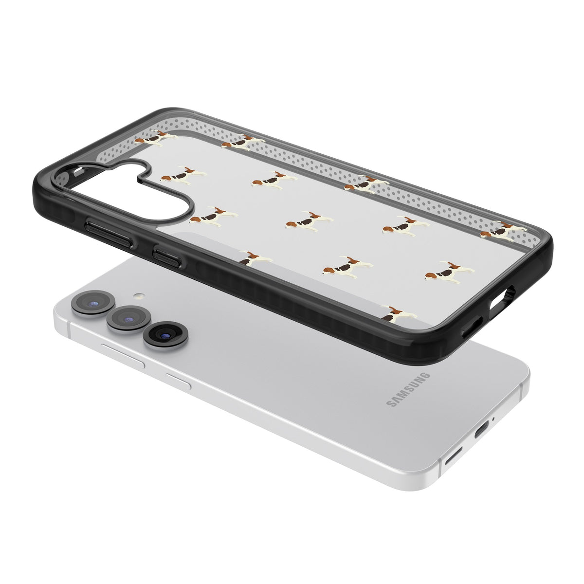 Beagle Dog Pattern Samsung S25 / Samsung S25 Plus / Samsung S26 / Samsung S26 Plus Impact Black Phone Case angled