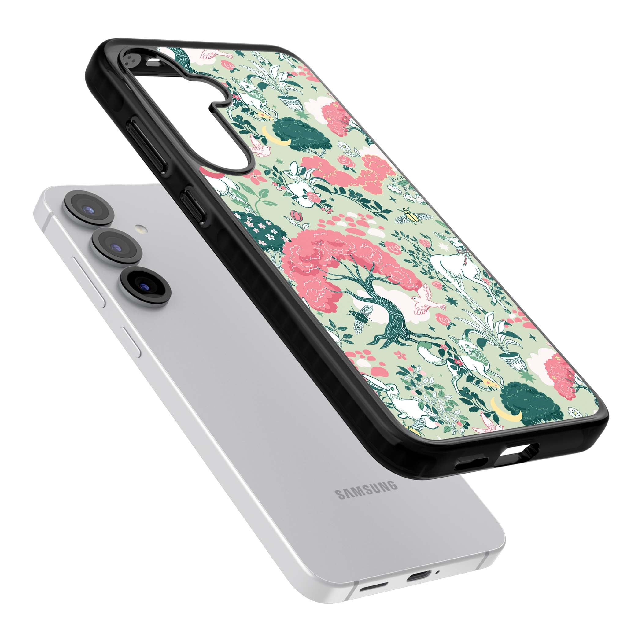Enchanted Woodland cottagecore iPhone case featuring white deer, pink roses, mushrooms and woodland animals on sage green | Black Impact case for Samsung Galaxy S25, Samsung Galaxy S25 Plus