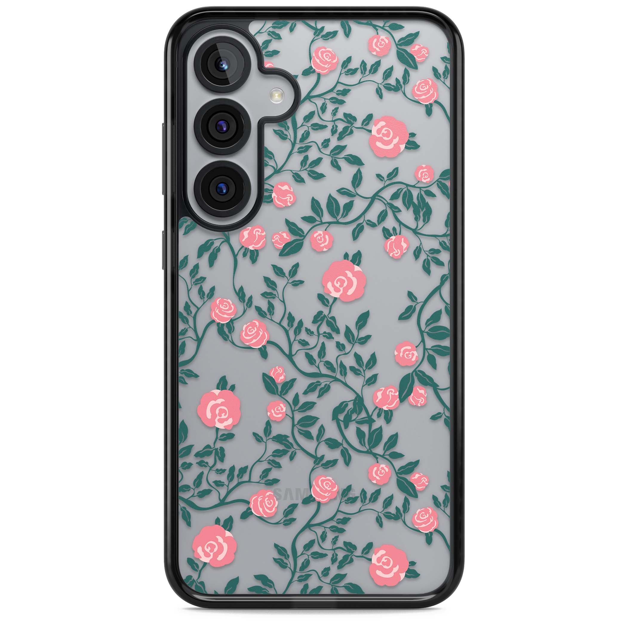 Rose Trellis (Clear) cottagecore iPhone case featuring pink climbing roses and green leaves on clear background | Black Impact case for Samsung Galaxy S25, Samsung Galaxy S25 Plus