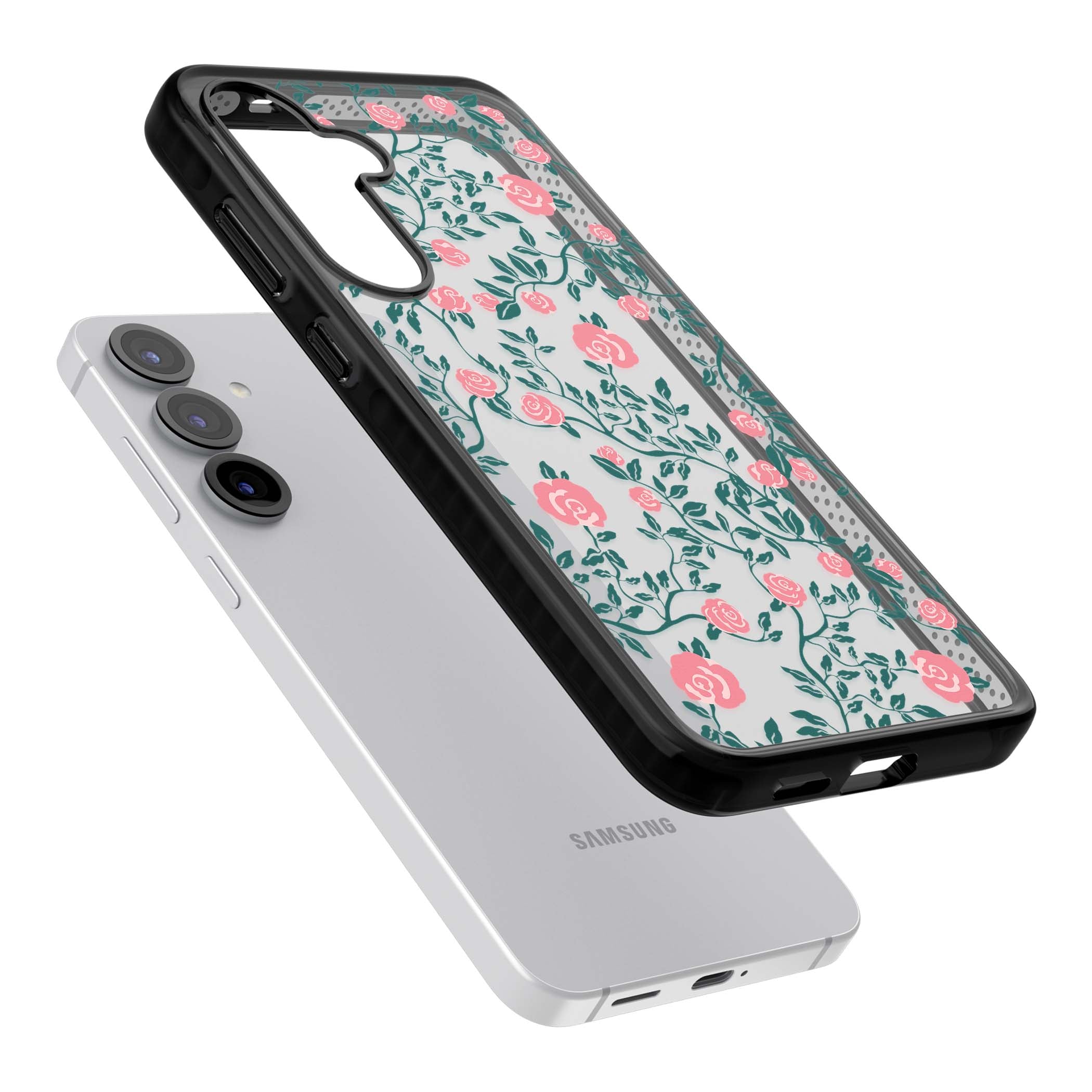 Rose Trellis (Clear) cottagecore iPhone case featuring pink climbing roses and green leaves on clear background | Black Impact case for Samsung Galaxy S25, Samsung Galaxy S25 Plus