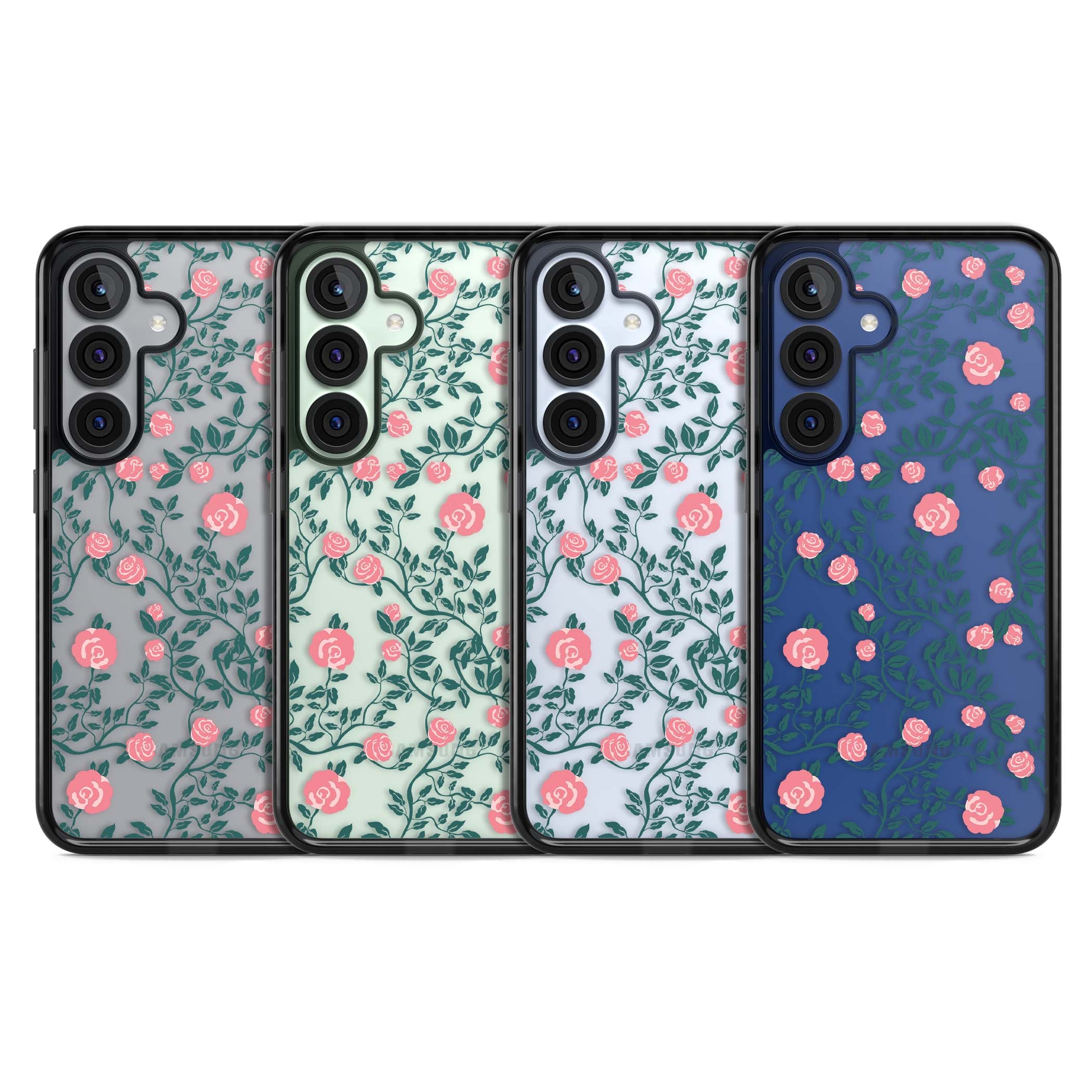 Rose Trellis (Clear) cottagecore iPhone case featuring pink climbing roses and green leaves on clear background | Black Impact case for Samsung Galaxy S25, Samsung Galaxy S25 Plus