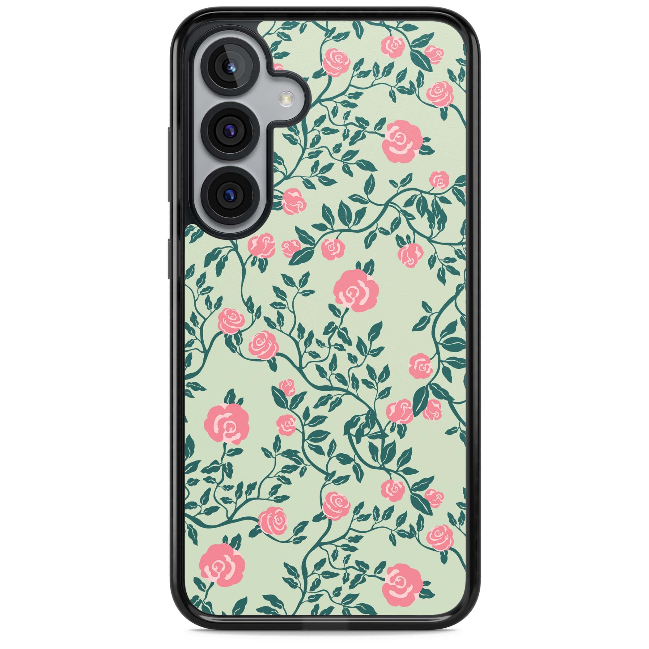 Rose Trellis cottagecore iPhone case featuring pink roses, sage green vines, and mint background | Black Impact case for Samsung Galaxy S25, Samsung Galaxy S25 Plus