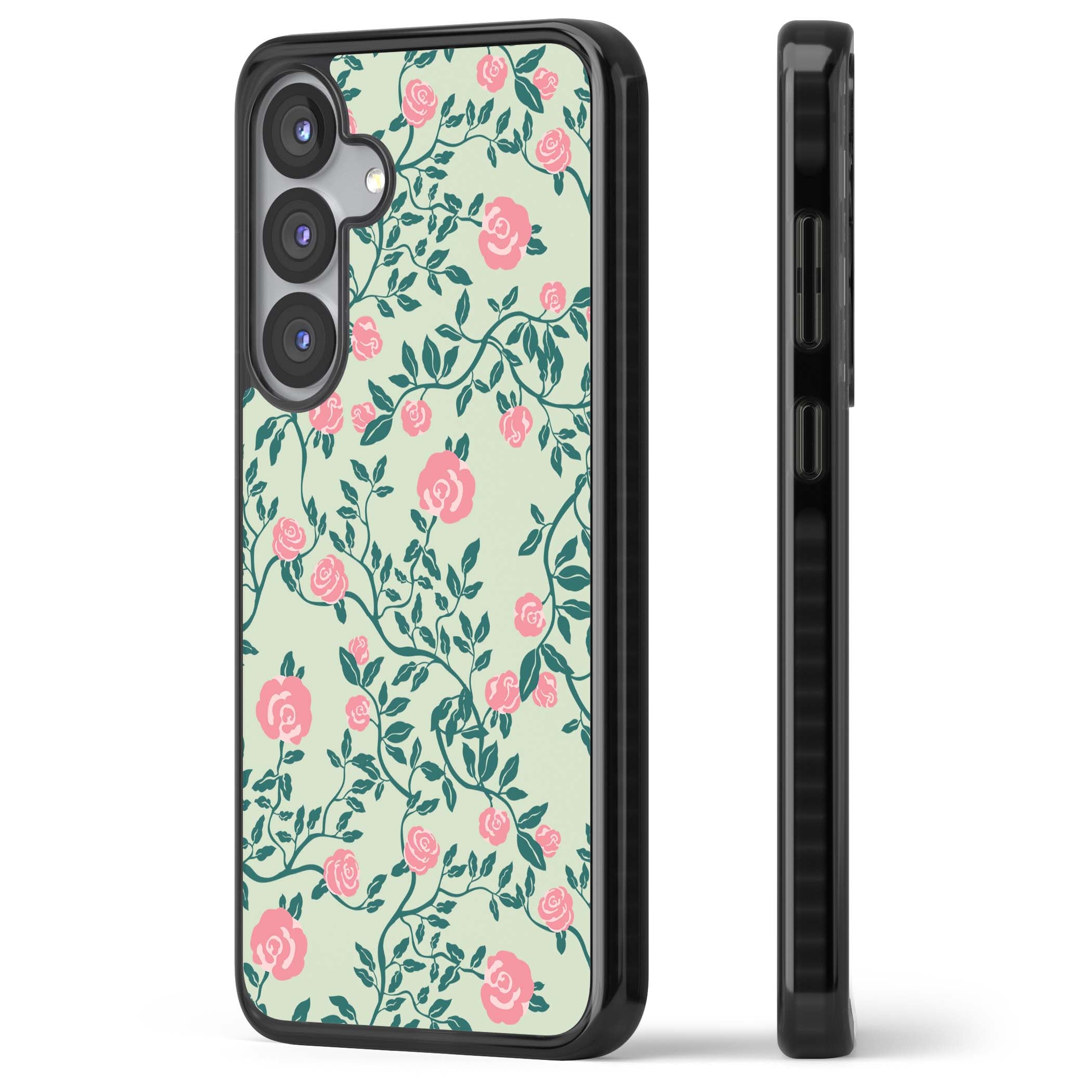 Rose Trellis cottagecore iPhone case featuring pink roses, sage green vines, and mint background | Black Impact case for Samsung Galaxy S25, Samsung Galaxy S25 Plus