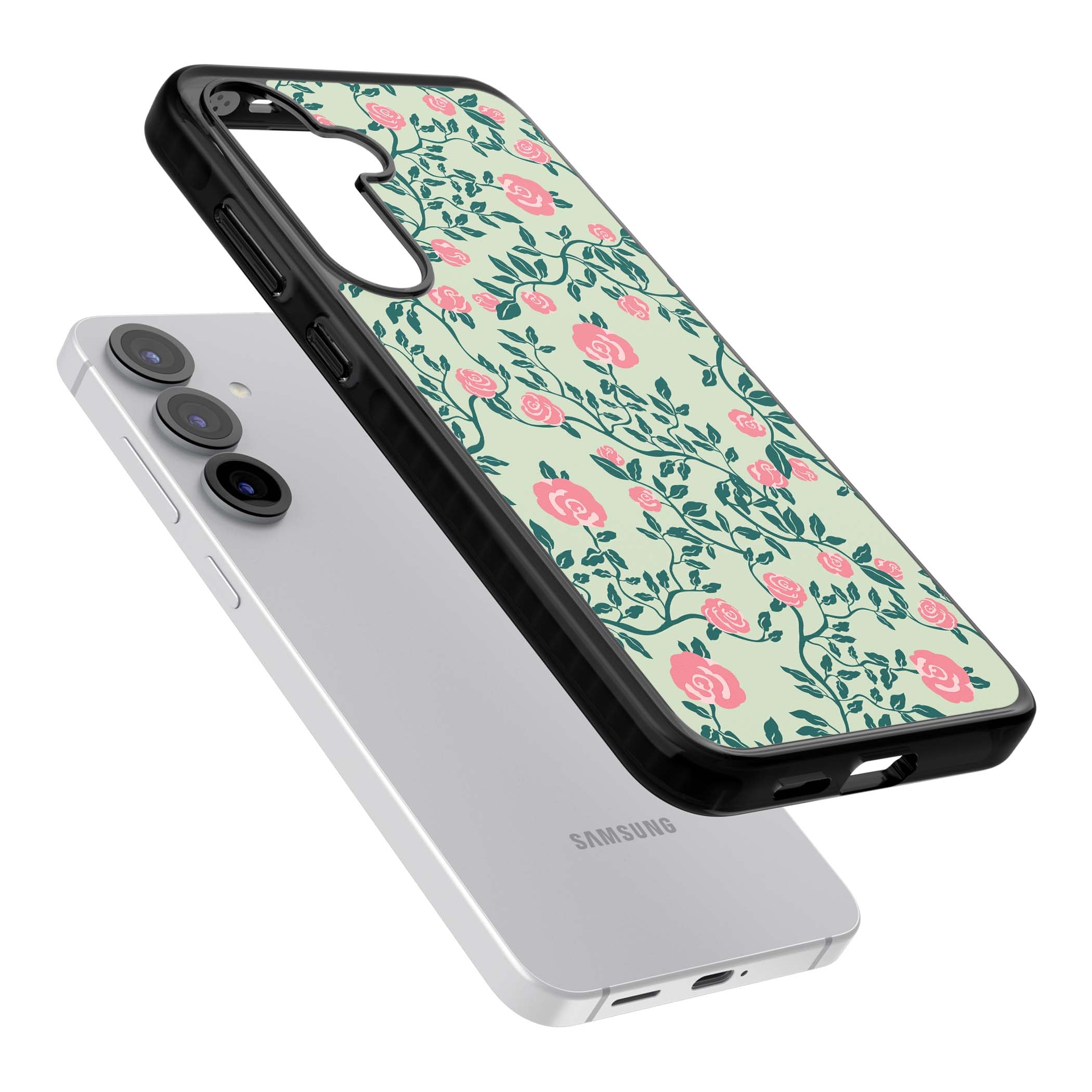 Rose Trellis cottagecore iPhone case featuring pink roses, sage green vines, and mint background | Black Impact case for Samsung Galaxy S25, Samsung Galaxy S25 Plus