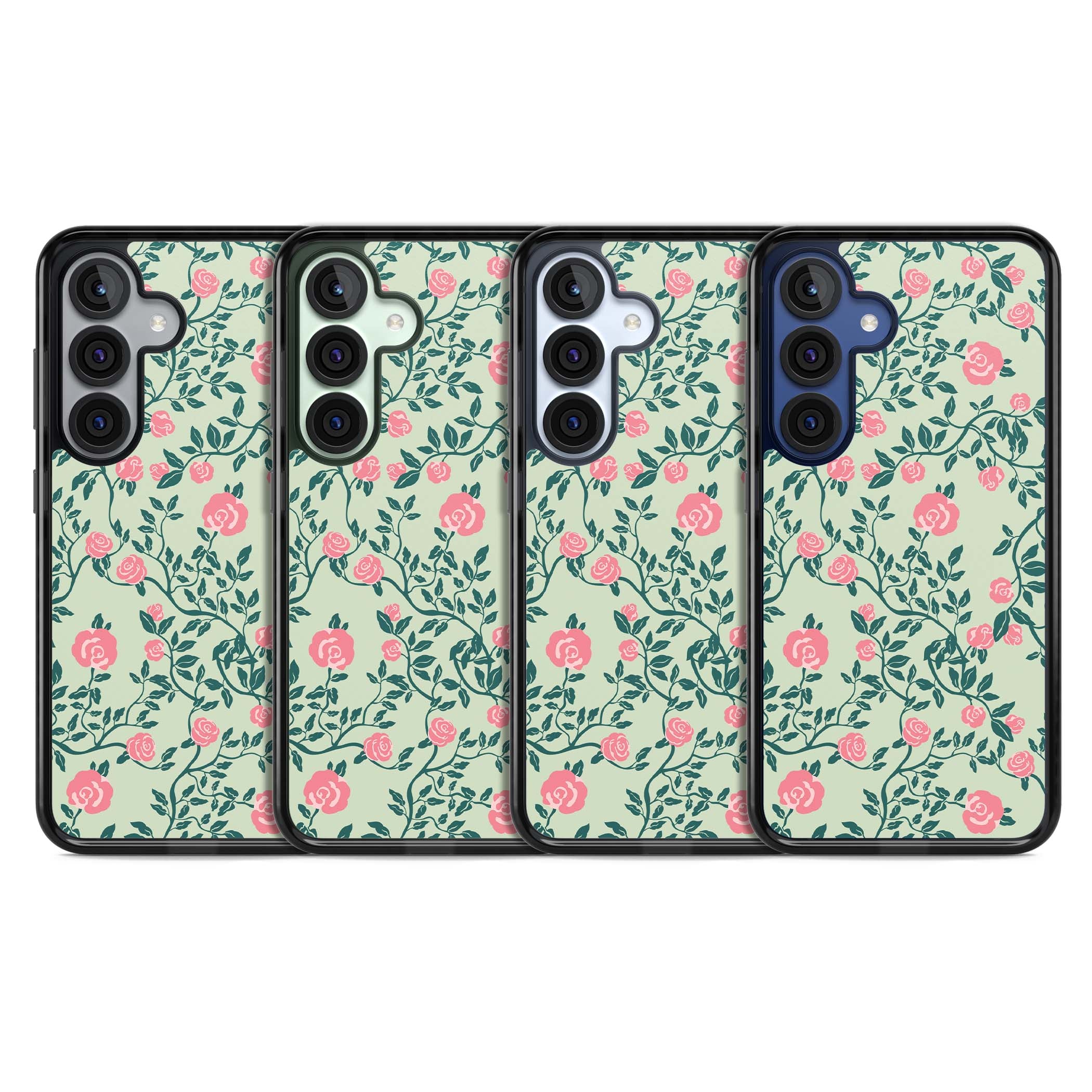 Rose Trellis cottagecore iPhone case featuring pink roses, sage green vines, and mint background | Black Impact case for Samsung Galaxy S25, Samsung Galaxy S25 Plus