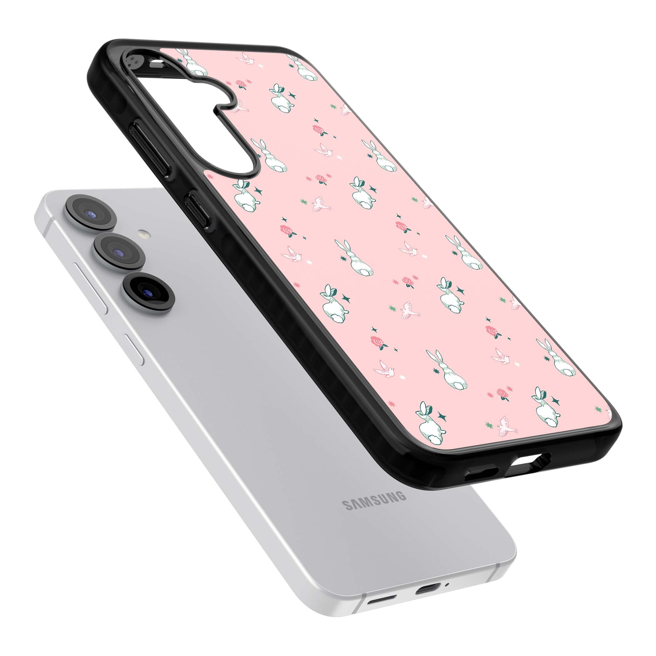 Bunny Garden kawaii iPhone case featuring white rabbits, pink roses, doves and stars on pink background | Black Impact case for Samsung Galaxy S25, Samsung Galaxy S25 Plus