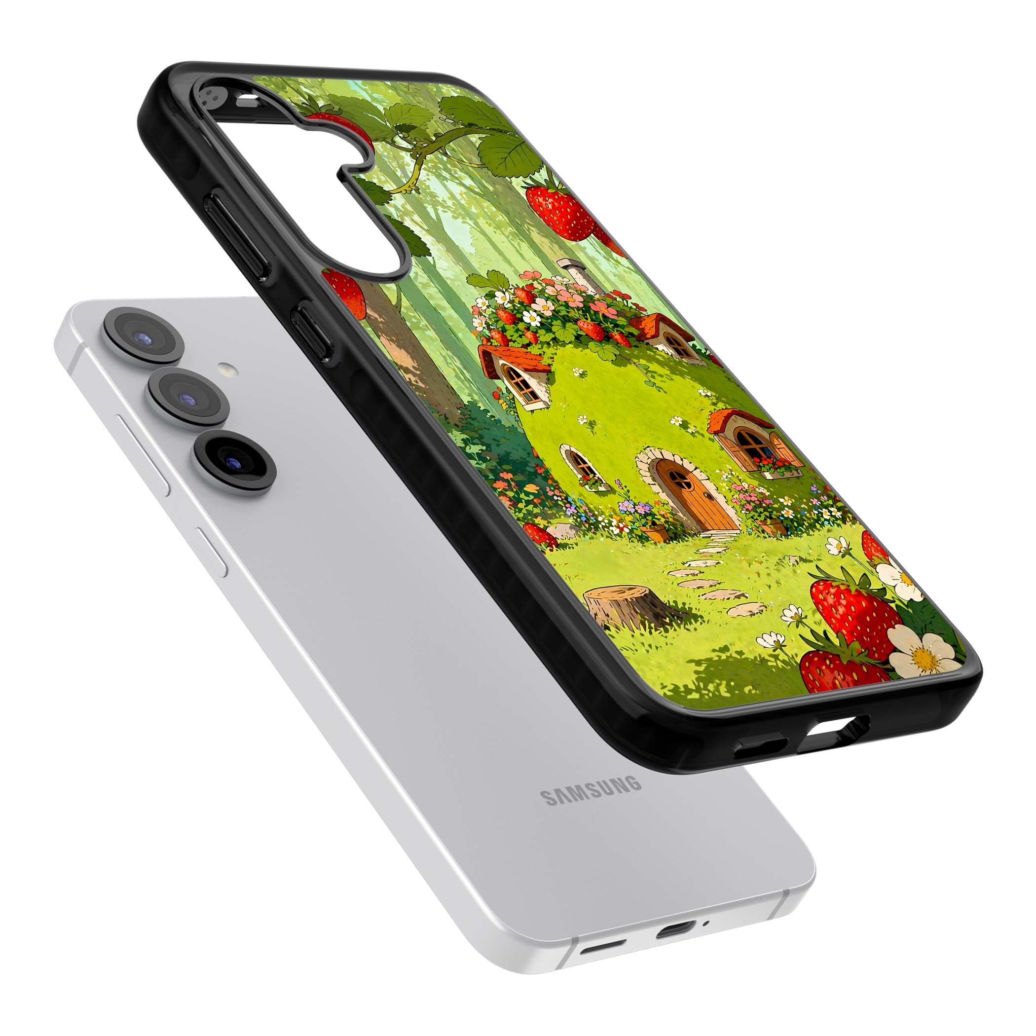 Strawberry Cottage cottagecore iPhone case featuring a green fairy house, wild strawberries and enchanted forest flowers | Black Impact case for Samsung Galaxy S25, Samsung Galaxy S25 Plus