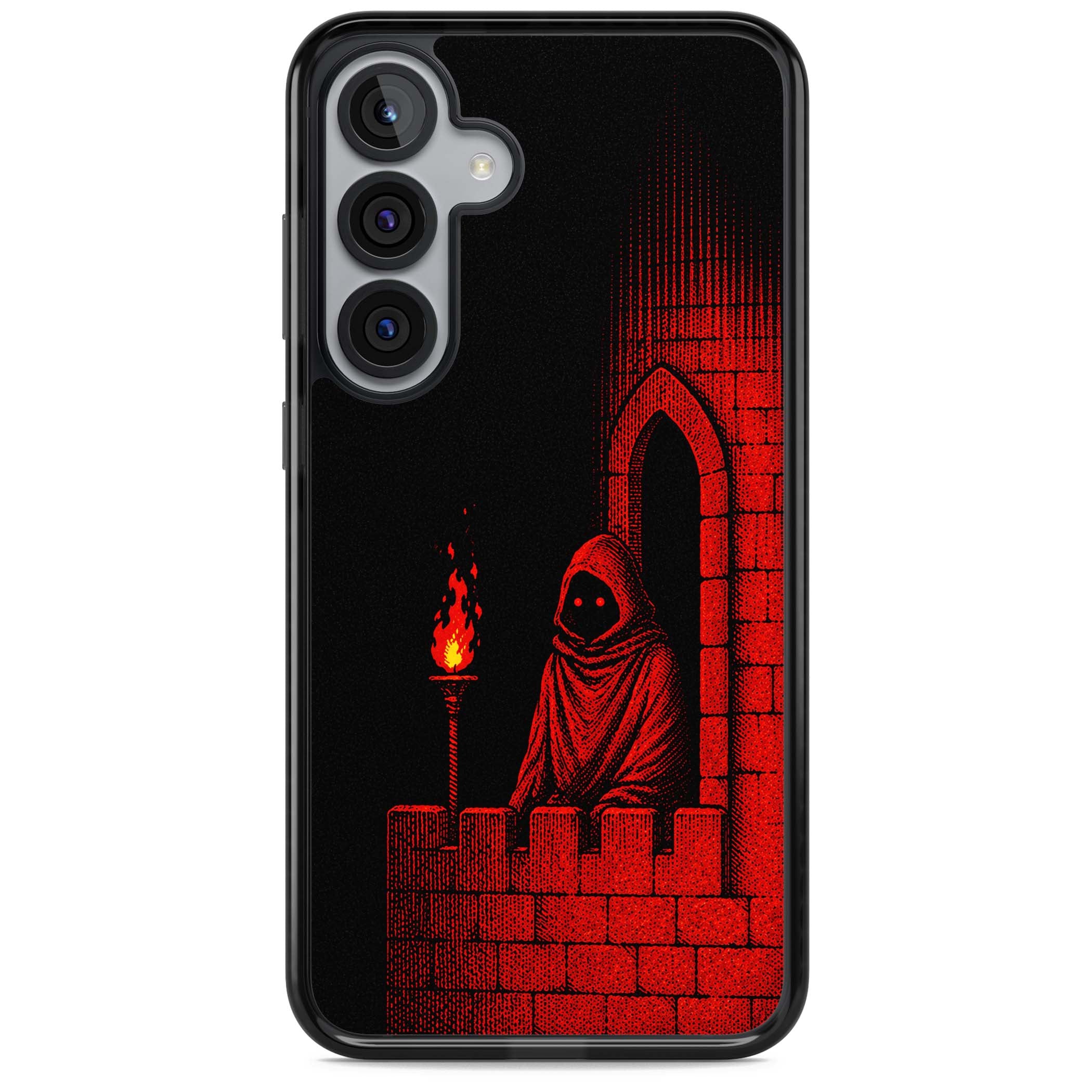 Crimson Crypt gothic iPhone case featuring a hooded reaper, torchlit crypt archway and red halftone horror art | Black Impact case for Samsung Galaxy S25, Samsung Galaxy S25 Plus