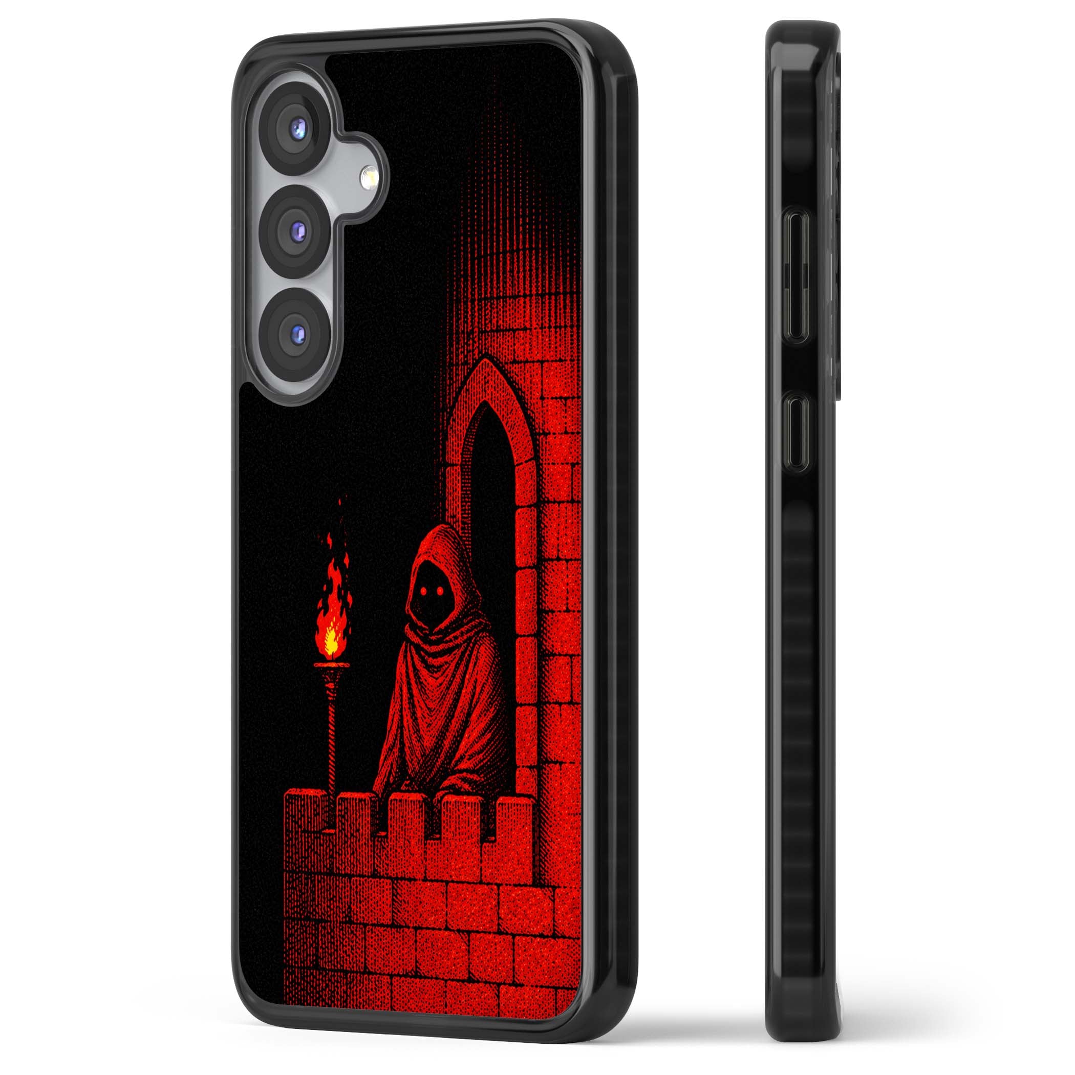 Crimson Crypt gothic iPhone case featuring a hooded reaper, torchlit crypt archway and red halftone horror art | Black Impact case for Samsung Galaxy S25, Samsung Galaxy S25 Plus