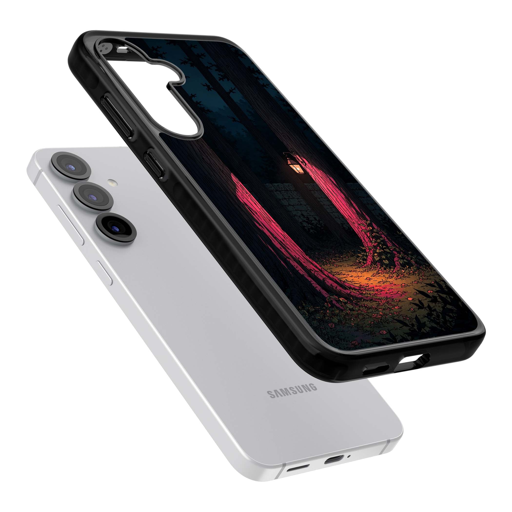 Forest Lantern dark academia iPhone case featuring a moonlit forest, glowing lantern, and stone wall pathway | Black Impact case for Samsung Galaxy S25, Samsung Galaxy S25 Plus