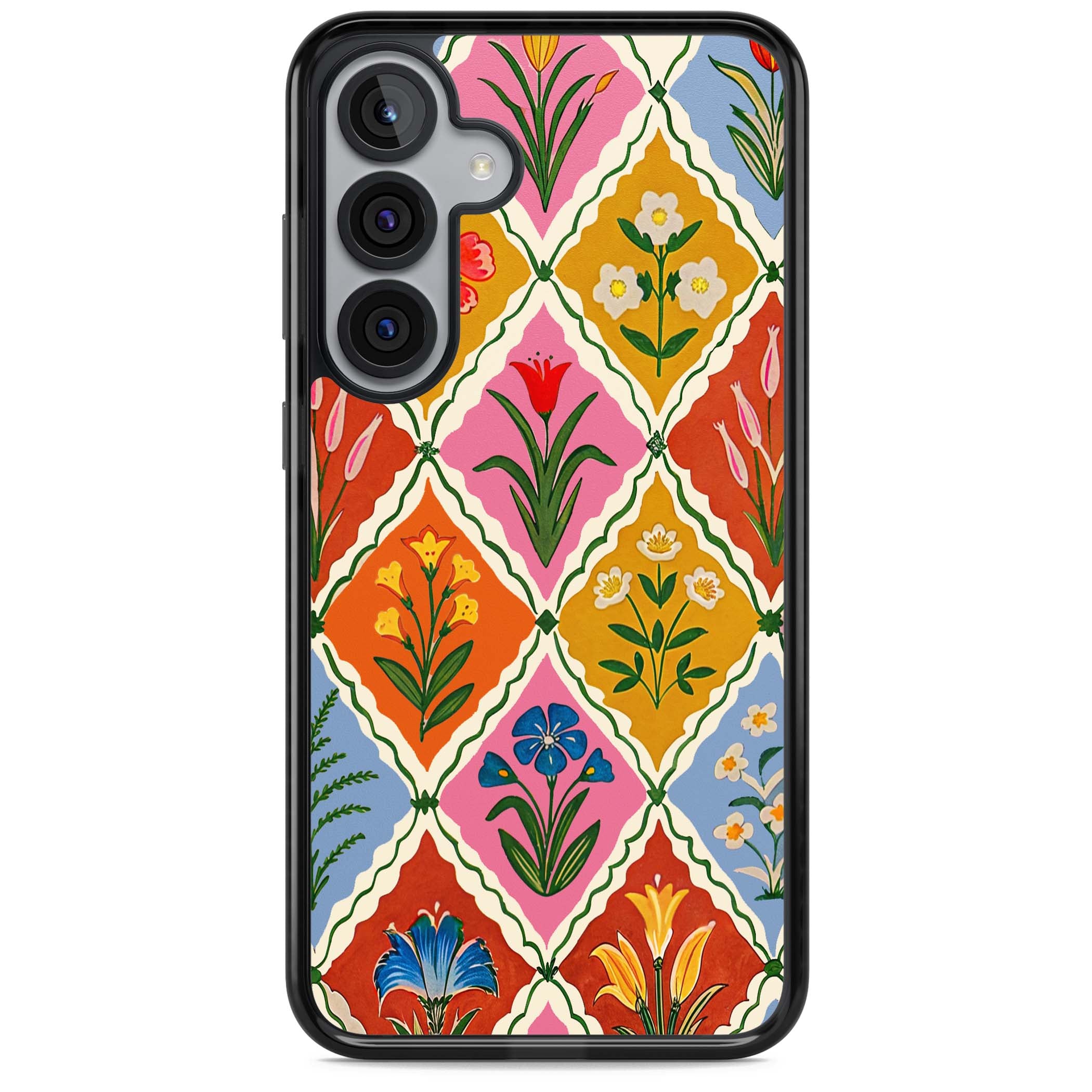 Floral Quilt boho floral iPhone case featuring diamond lattice pattern, hand-painted tulips and folk art wildflowers | Black Impact case for Samsung Galaxy S25, Samsung Galaxy S25 Plus