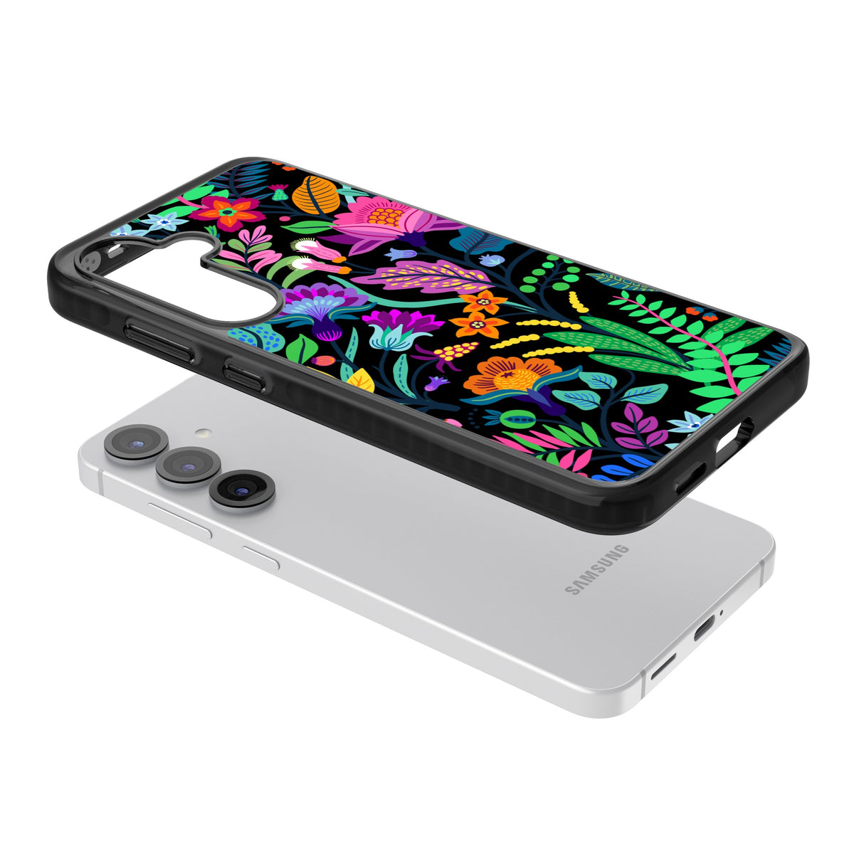 Floral Vibe (Black) Samsung S25 / Samsung S25 Plus / Samsung S26 / Samsung S26 Plus Impact Black Phone Case angled