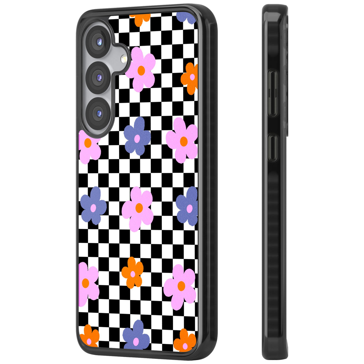 Checkered Blossom Samsung S25 / Samsung S25 Plus / Samsung S26 / Samsung S26 Plus Impact Black Phone Case side