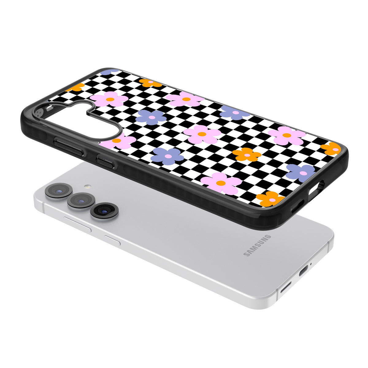 Checkered Blossom Samsung S25 / Samsung S25 Plus / Samsung S26 / Samsung S26 Plus Impact Black Phone Case angled