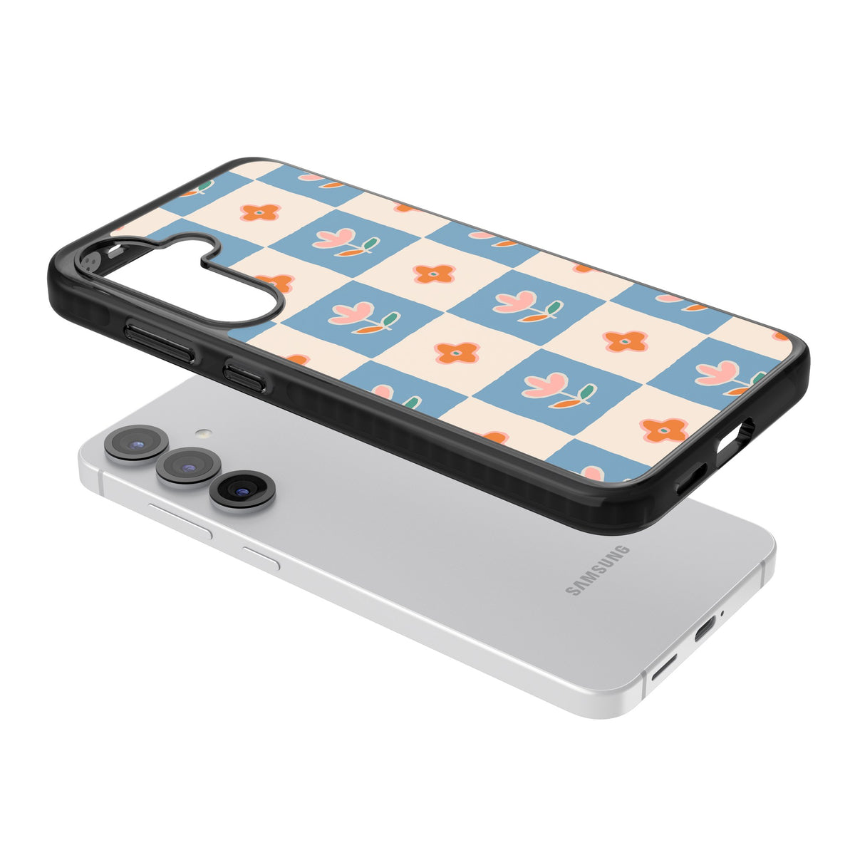 Vintage Bloom Checkered Samsung S25 / Samsung S25 Plus / Samsung S26 / Samsung S26 Plus Impact Black Phone Case angled