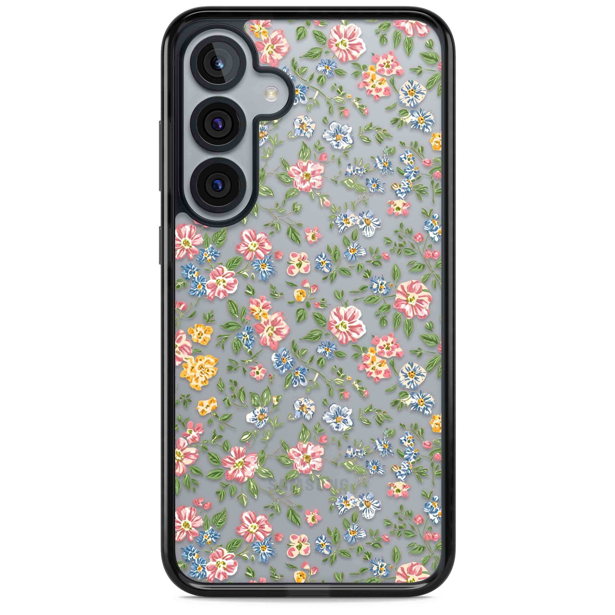 Soft Meadow cottagecore iPhone case featuring pink cosmos, blue forget-me-nots, yellow buttercups and green leaves sca | Black Impact case for Samsung Galaxy S25, Samsung Galaxy S25 Plus