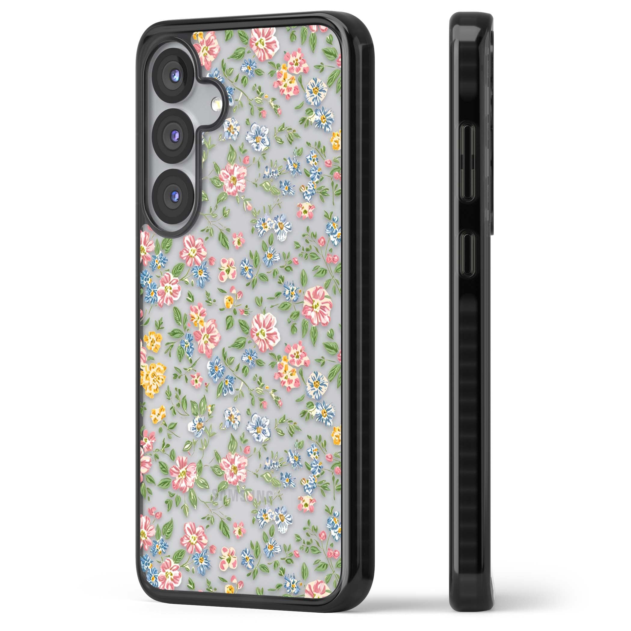 Soft Meadow cottagecore iPhone case featuring pink cosmos, blue forget-me-nots, yellow buttercups and green leaves sca | Black Impact case for Samsung Galaxy S25, Samsung Galaxy S25 Plus
