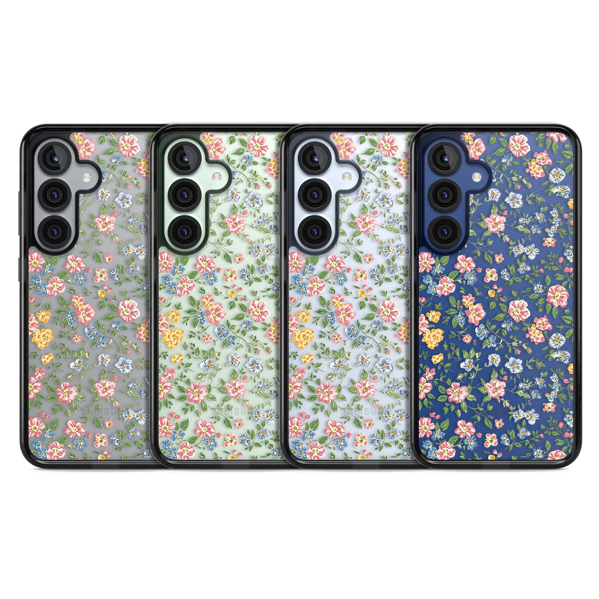 Soft Meadow cottagecore iPhone case featuring pink cosmos, blue forget-me-nots, yellow buttercups and green leaves sca | Black Impact case for Samsung Galaxy S25, Samsung Galaxy S25 Plus