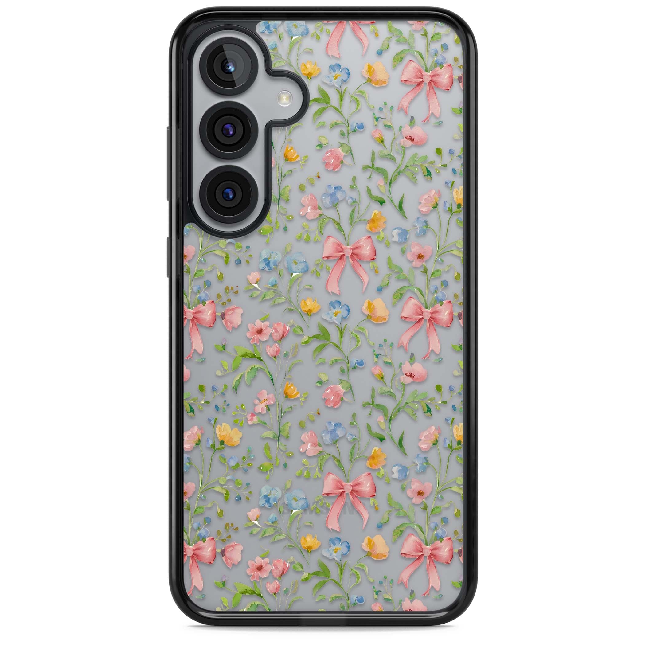 Ribbons & Wildflowers cottagecore iPhone case featuring watercolor wildflowers, pink satin bows, and delicate spring blooms o | Black Impact case for Samsung Galaxy S25, Samsung Galaxy S25 Plus