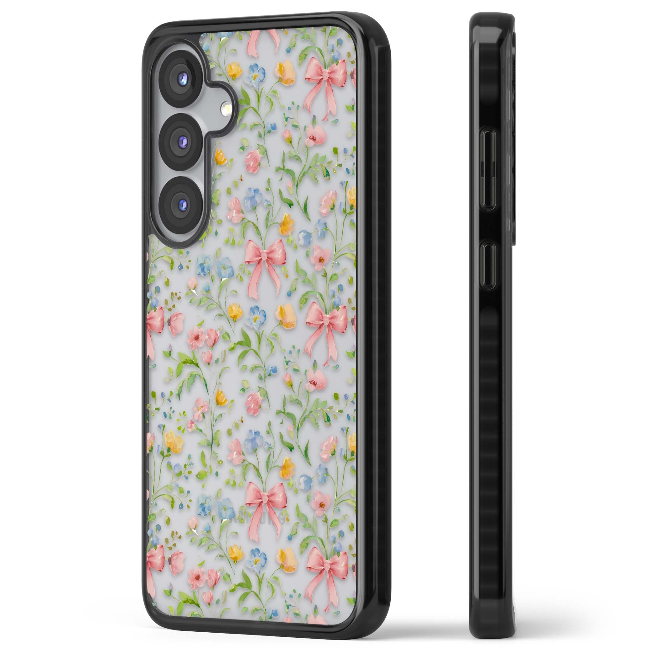 Ribbons & Wildflowers cottagecore iPhone case featuring watercolor wildflowers, pink satin bows, and delicate spring blooms o | Black Impact case for Samsung Galaxy S25, Samsung Galaxy S25 Plus