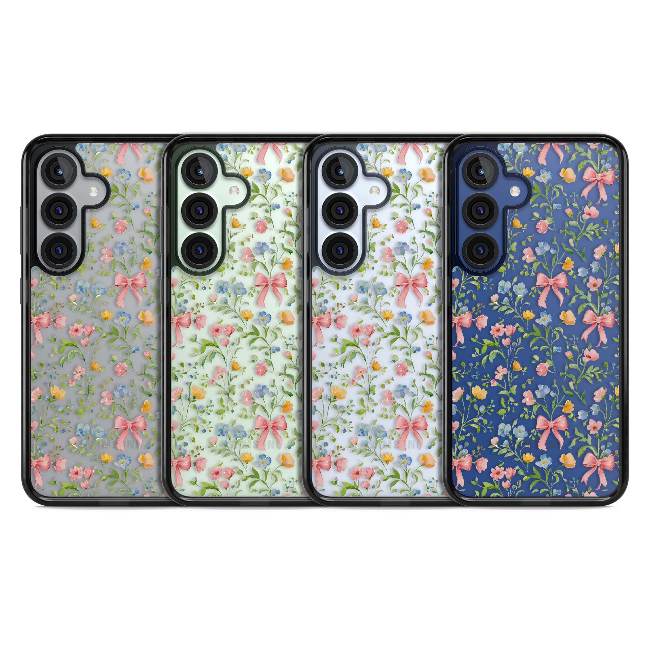 Ribbons & Wildflowers cottagecore iPhone case featuring watercolor wildflowers, pink satin bows, and delicate spring blooms o | Black Impact case for Samsung Galaxy S25, Samsung Galaxy S25 Plus