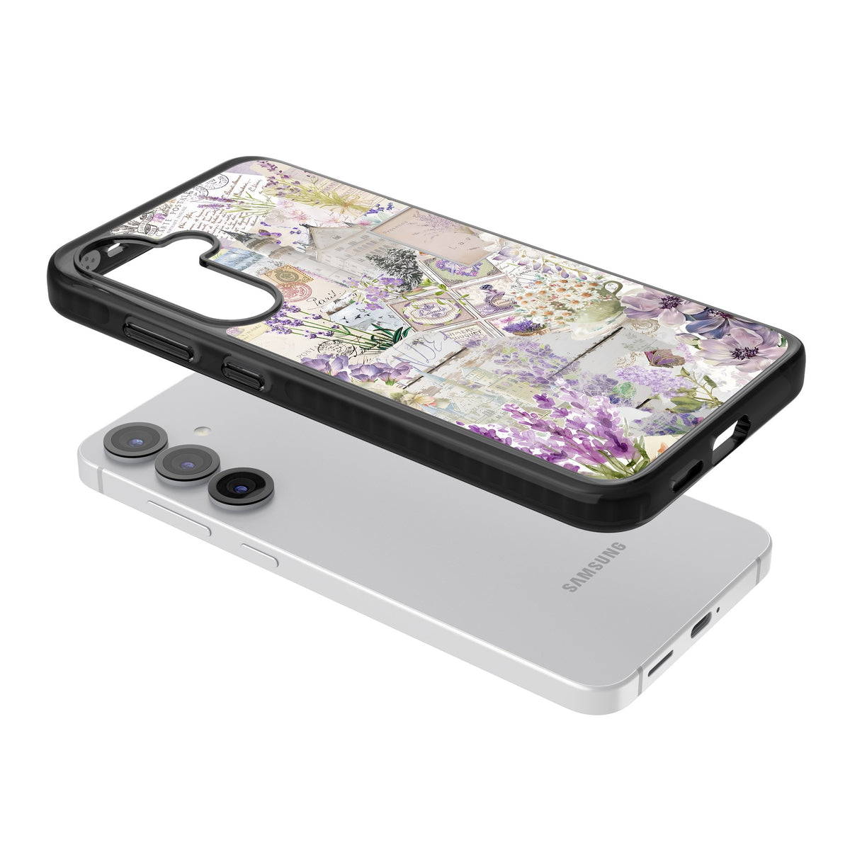 Soft Lavender Collage Samsung S25 / Samsung S25 Plus / Samsung S26 / Samsung S26 Plus Impact Black Phone Case angled