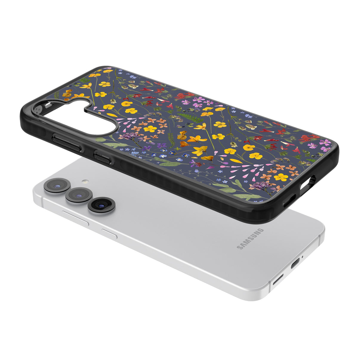 Wildflowers & Leaves In Navy Samsung S25 / Samsung S25 Plus / Samsung S26 / Samsung S26 Plus Impact Black Phone Case angled