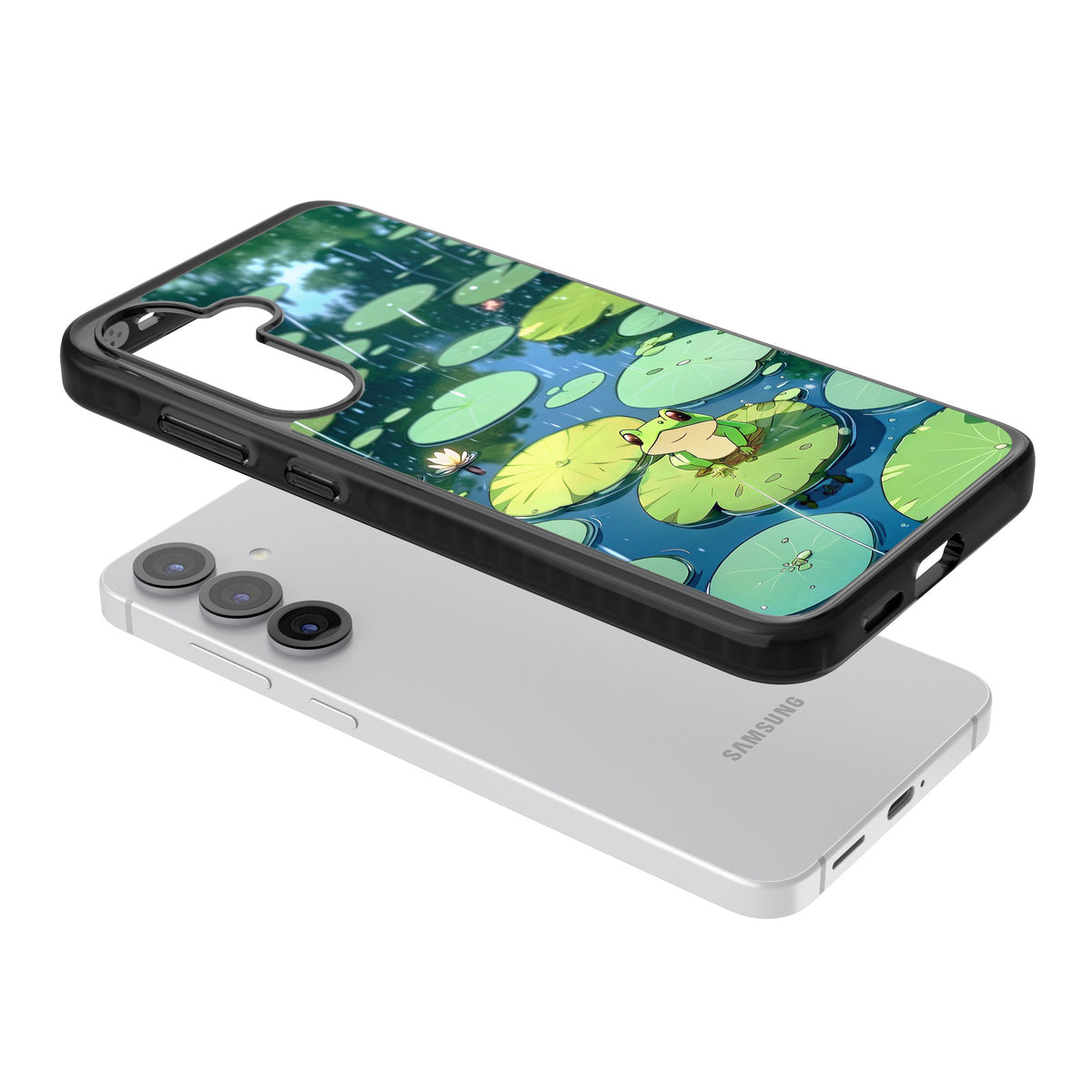 Frog In Lily Pond Samsung S25 / Samsung S25 Plus / Samsung S26 / Samsung S26 Plus Impact Black Phone Case angled