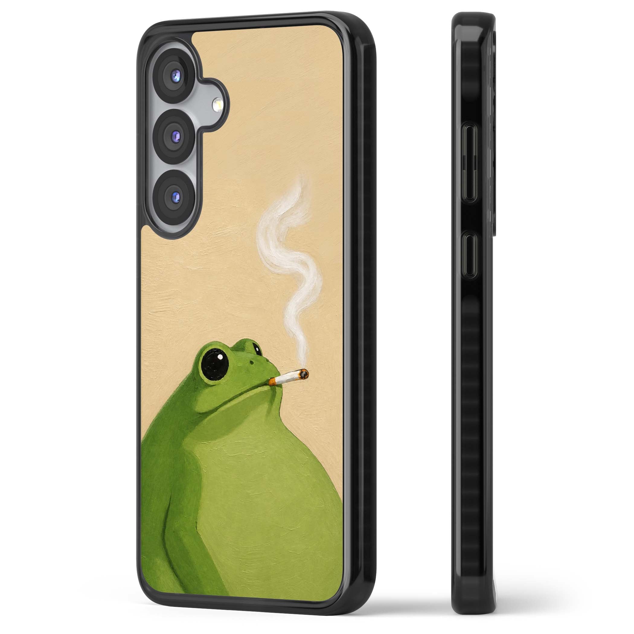 The Smoking Frog cottagecore iPhone case featuring a hand-painted green frog smoking a cigarette on a cream oil painting back | Black Impact case for Samsung Galaxy S25, Samsung Galaxy S25 Plus