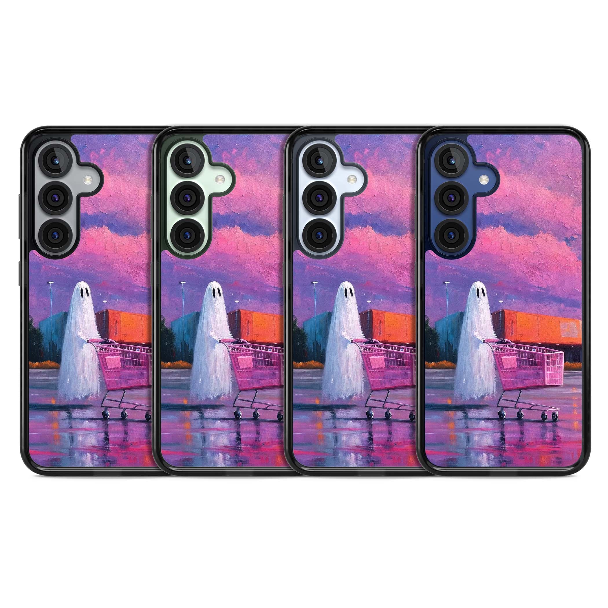 A Ghost's Errand ghost halloween iPhone case featuring a painted ghost, pink shopping trolley and purple sunset sky | Black Impact case for Samsung Galaxy S25, Samsung Galaxy S25 Plus