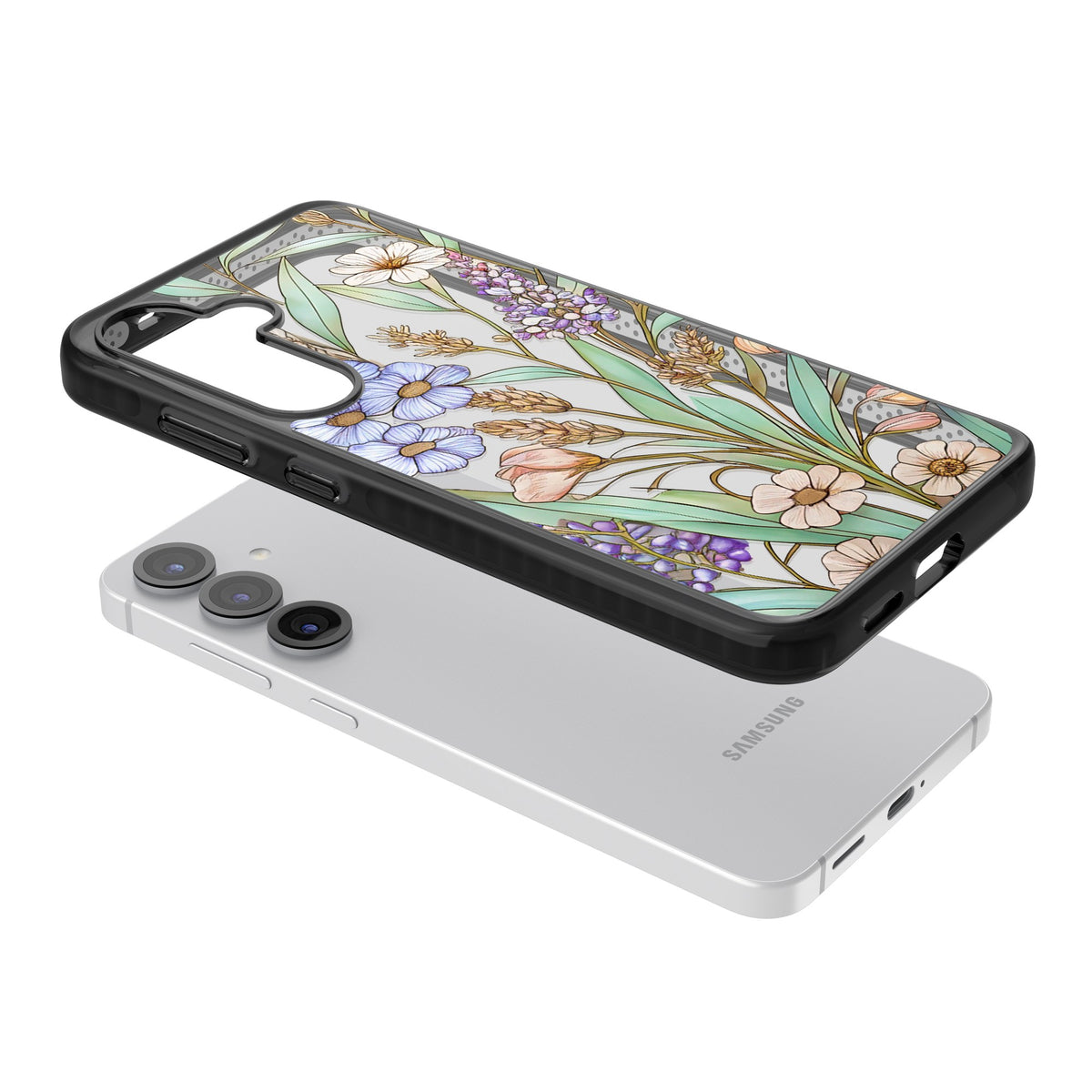 Glass Lavenders & Daisies Samsung S25 / Samsung S25 Plus / Samsung S26 / Samsung S26 Plus Impact Black Phone Case angled