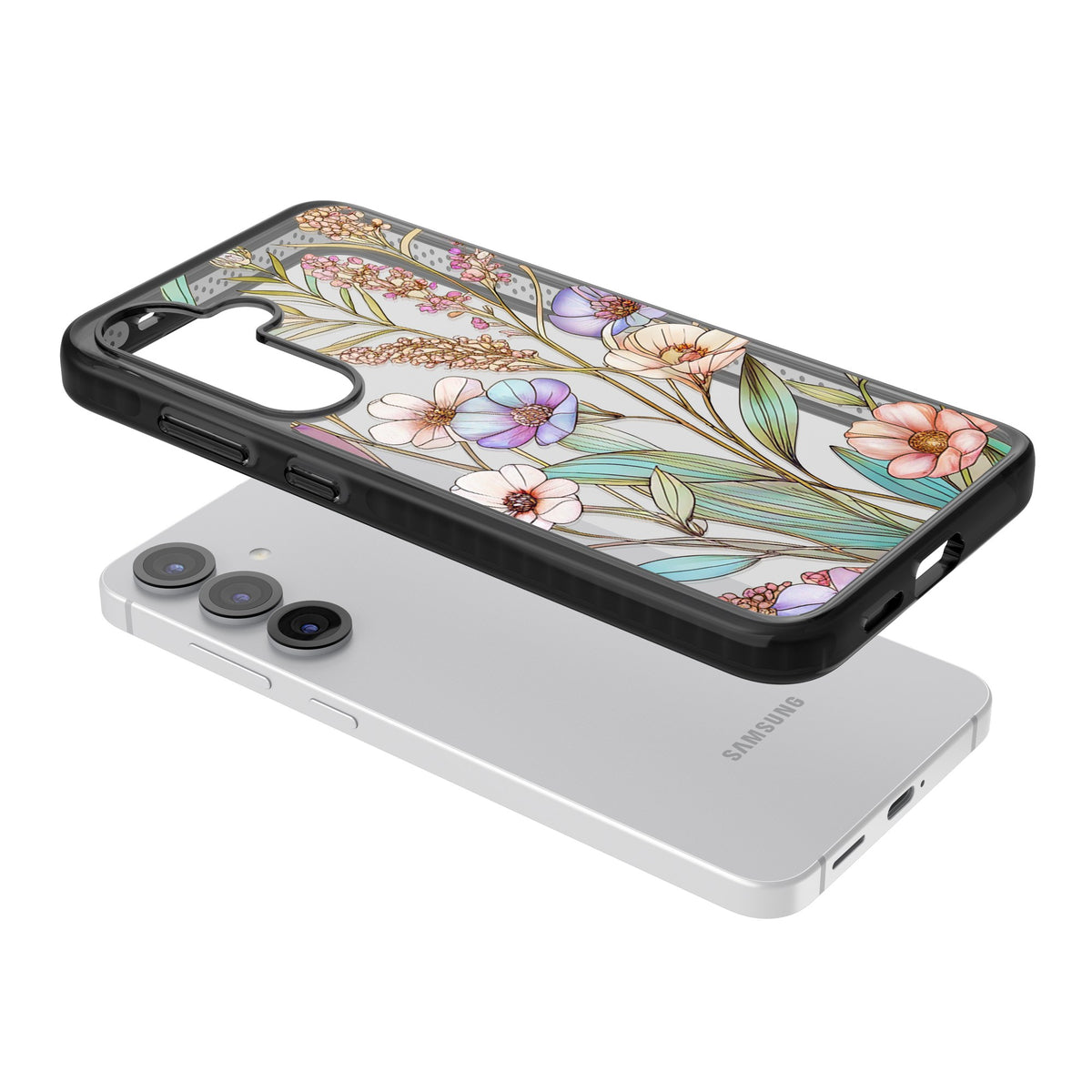 Glass Summer Flowers Samsung S25 / Samsung S25 Plus / Samsung S26 / Samsung S26 Plus Impact Black Phone Case angled