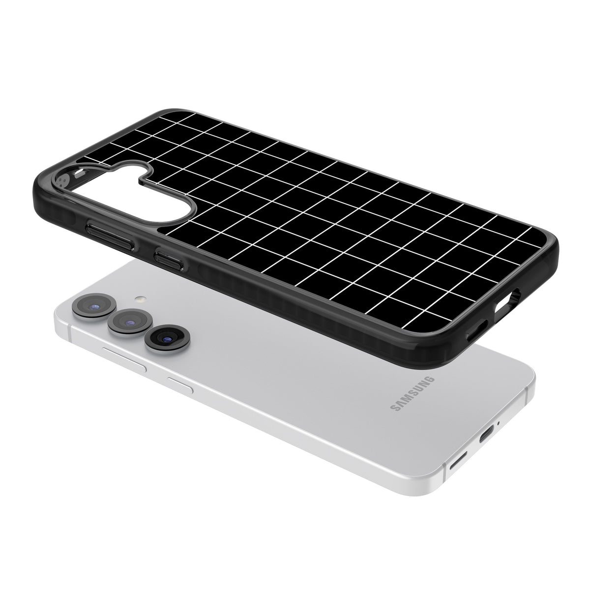 Minimalist Grid Pattern Black Samsung S25 / Samsung S25 Plus / Samsung S26 / Samsung S26 Plus Impact Black Phone Case angled